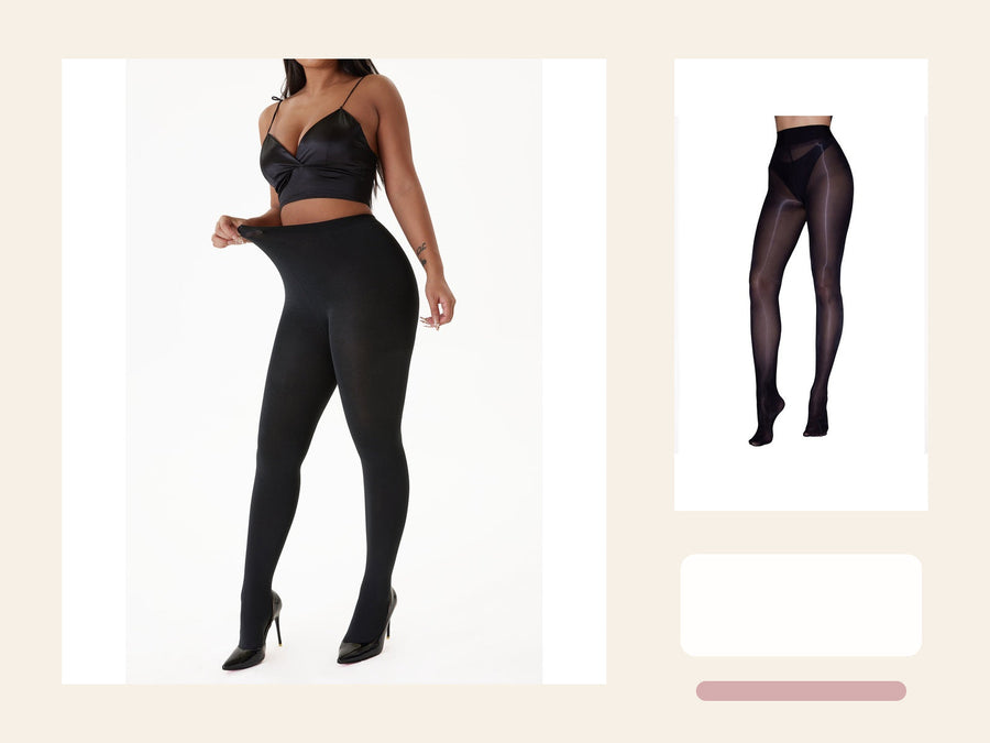 Black tights samples arranged by retail assortment role on a boutique merchandising board.