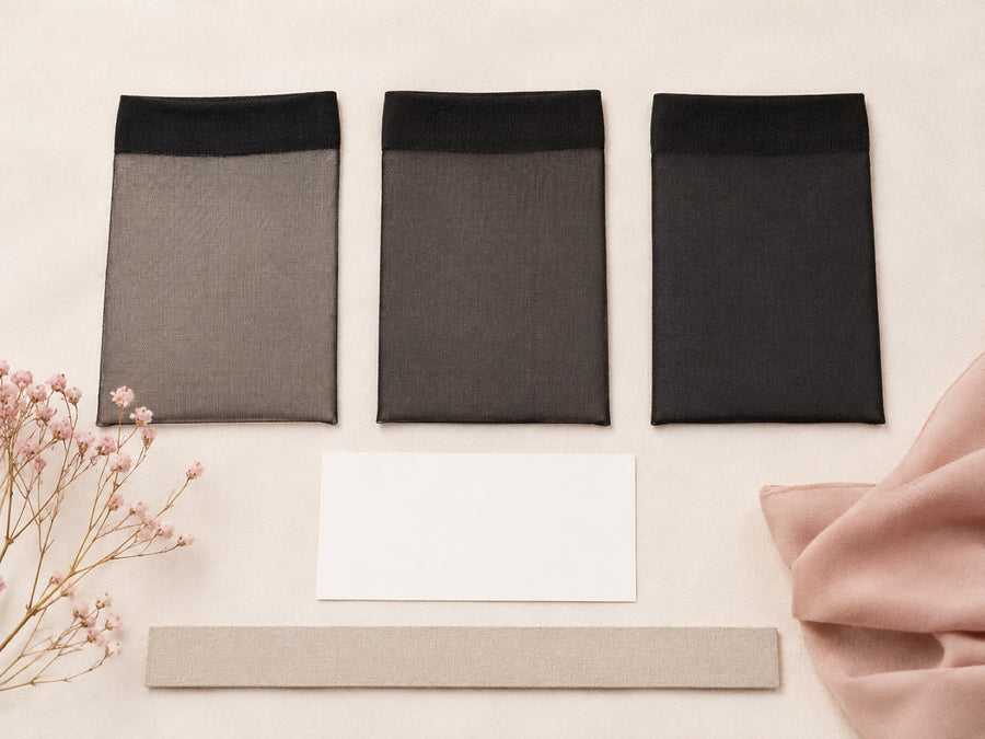 Black tights samples arranged for a wholesale buyer review under consistent lighting.
