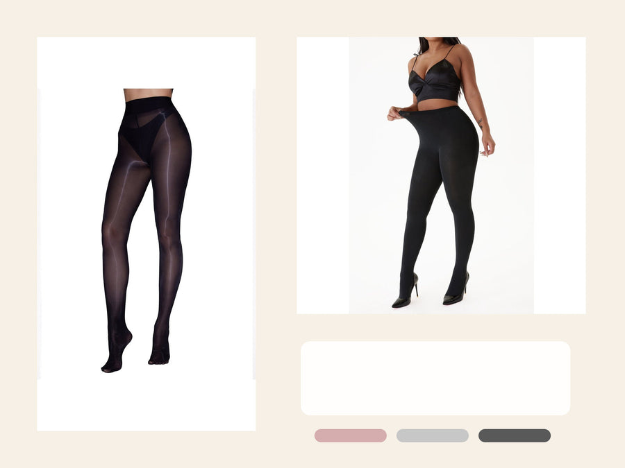 Women’s tights samples arranged with a boutique wholesale buyer checklist.