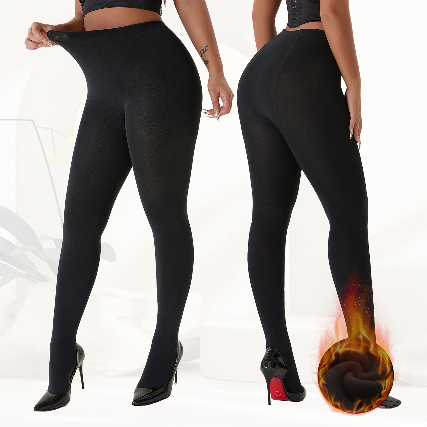 2-Pack Women’s 400D Brushed Fleece Tights – Thick & Cozy, Stretchy Footed Pantyhose for Winter, Work, Casual & Everyday Wear, Black L/XL