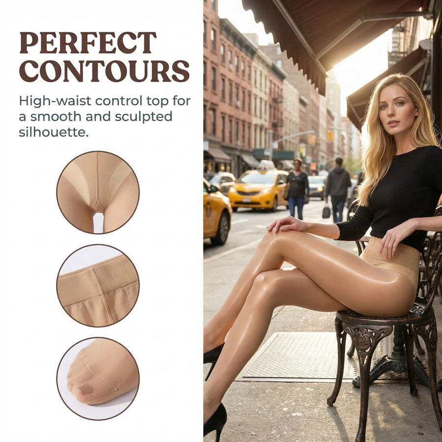 2-Pack Women's 20D Sheer Glossy Tights | High Shine Oil Finish Pantyhose | Ultra Thin Invisible Nude & Coffee Stockings | High Stretch Control Top for Events (Sizes S-XL)