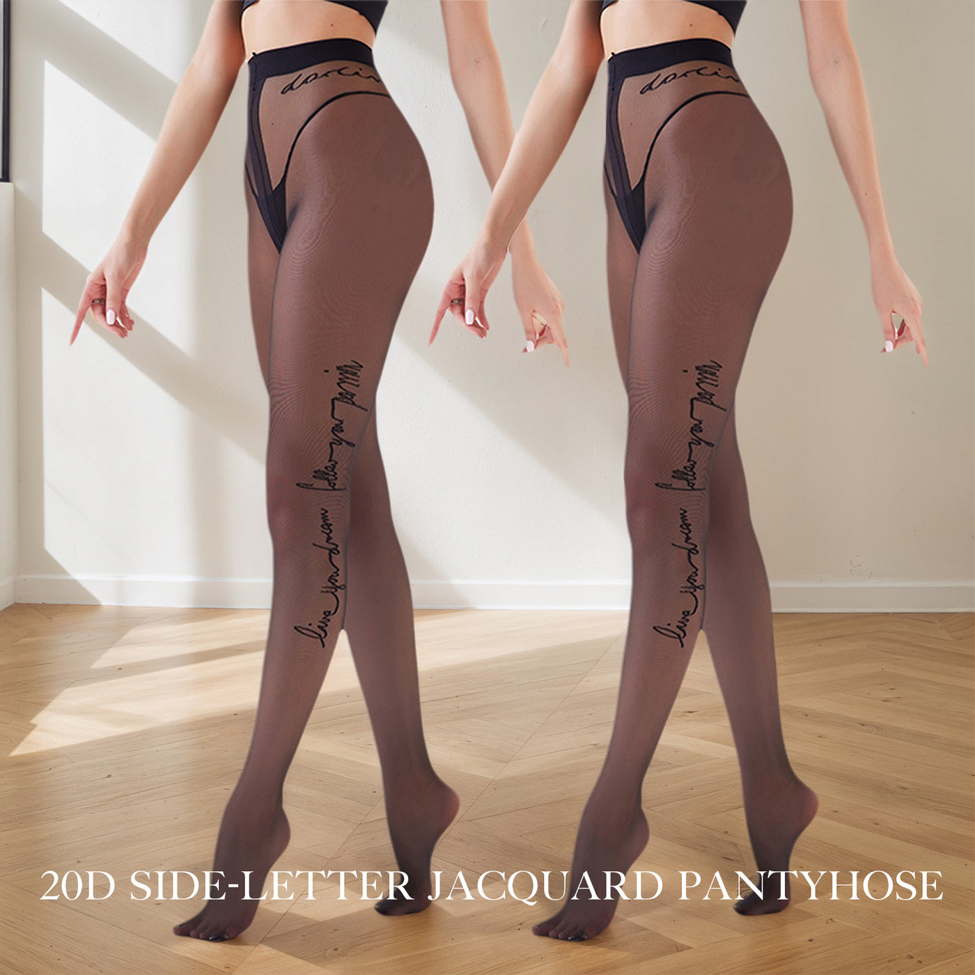 2 Pack Side Letter Print Sheer Tights - Designer Style Black Jacquard Pantyhose | 20D Aesthetic Patterned Stockings | High Stretch Slimming Hosiery for Streetwear & Club