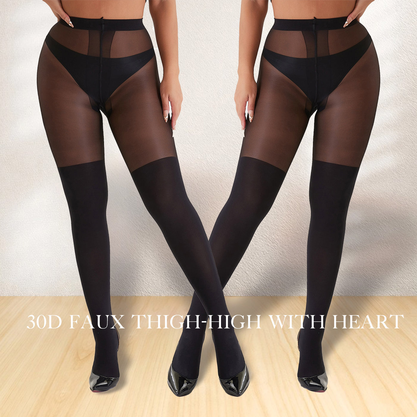 2-Pack Heart Patterned Mock Thigh High Tights | Aesthetic Sheer Black Pantyhose | Elegant Slimming Stockings for Date Night & Daily OOTD