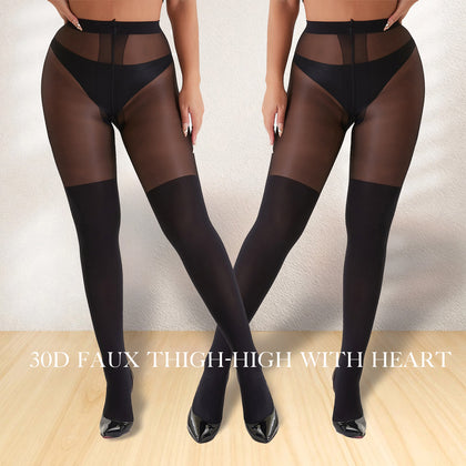 2-Pack Heart Patterned Mock Thigh High Tights | Aesthetic Sheer Black Pantyhose | Elegant Slimming Stockings for Date Night & Daily OOTD
