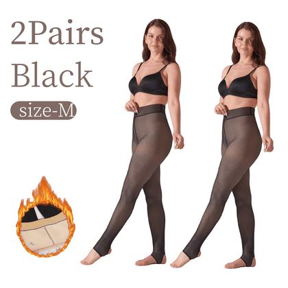 2 Pack Snatched Fake Translucent Fleece Lined Tights, Snag-Resistant 200g Winter Warm Sheer Look Pantyhose, High Waist Thermal Stockings