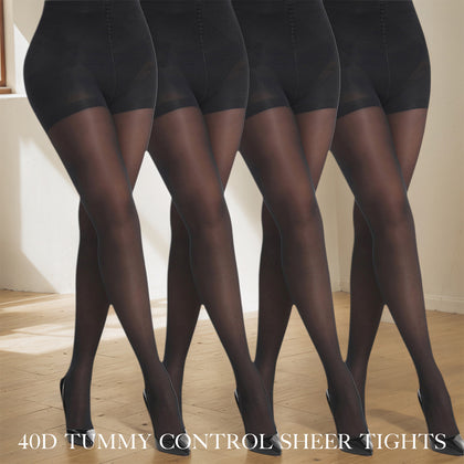4 Pack Tummy Control Sheer Pantyhose for Women - High Waisted Slimming Shaping Tights - 40D Ultra Stretch Anti-Run Black Stockings - Daily Wear Hosiery