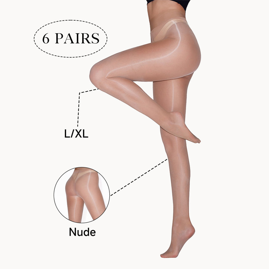 6-Pack Women's Glossy Sheer Tights - High Shine Oil Finish Pantyhose | Silky Smooth Nude & Coffee Tights | High Stretch, Run-Resistant, Comfortable Fit for Dates, Parties & Events (Sizes S-XL)