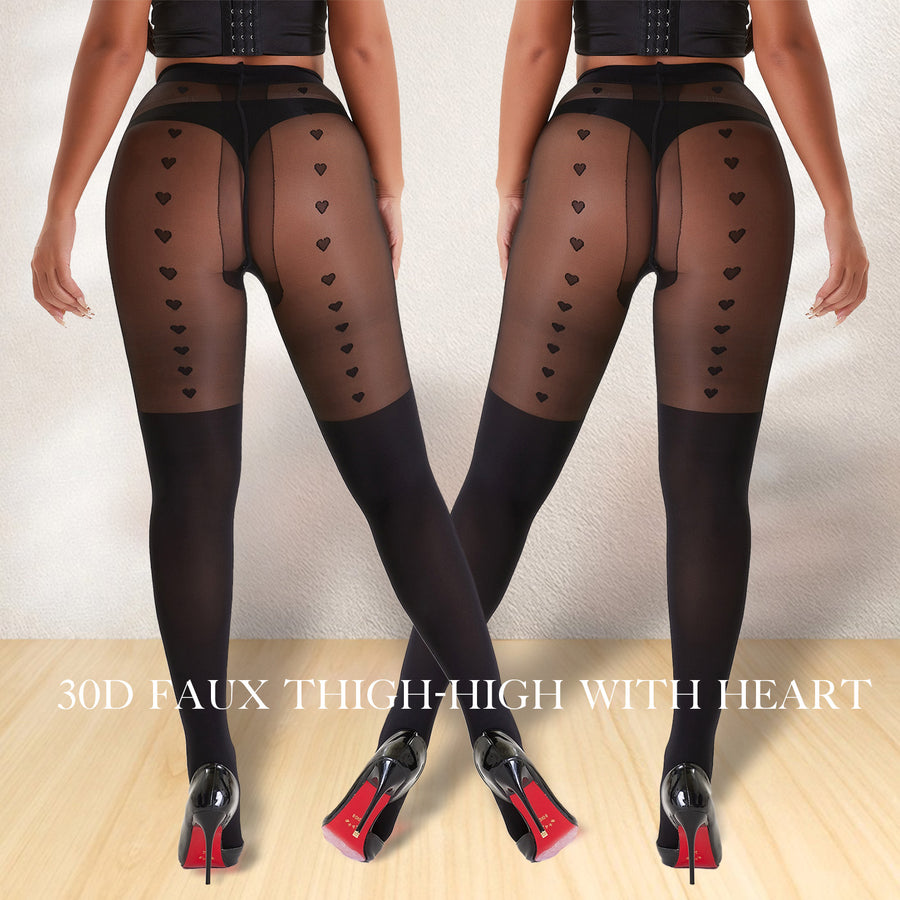 2-Pack Heart Patterned Mock Thigh High Tights | Aesthetic Sheer Black Pantyhose | Elegant Slimming Stockings for Date Night & Daily OOTD