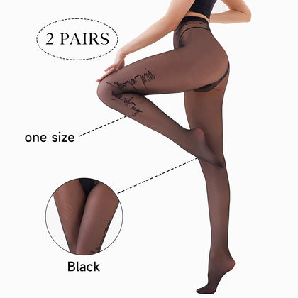 2 Pack Side Letter Print Sheer Tights - Designer Style Black Jacquard Pantyhose | 20D Aesthetic Patterned Stockings | High Stretch Slimming Hosiery for Streetwear & Club