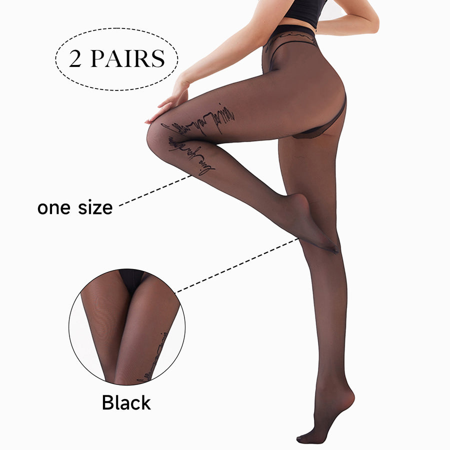 2 Pack Side Letter Print Sheer Tights - Designer Style Black Jacquard Pantyhose | 20D Aesthetic Patterned Stockings | High Stretch Slimming Hosiery for Streetwear & Club