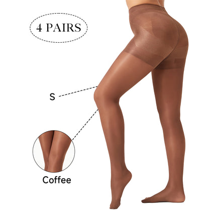 4 Pack Tummy Control Sheer Pantyhose for Women - High Waisted Slimming Shaping Tights - 40D Ultra Stretch Anti-Run Black Stockings - Daily Wear Hosiery