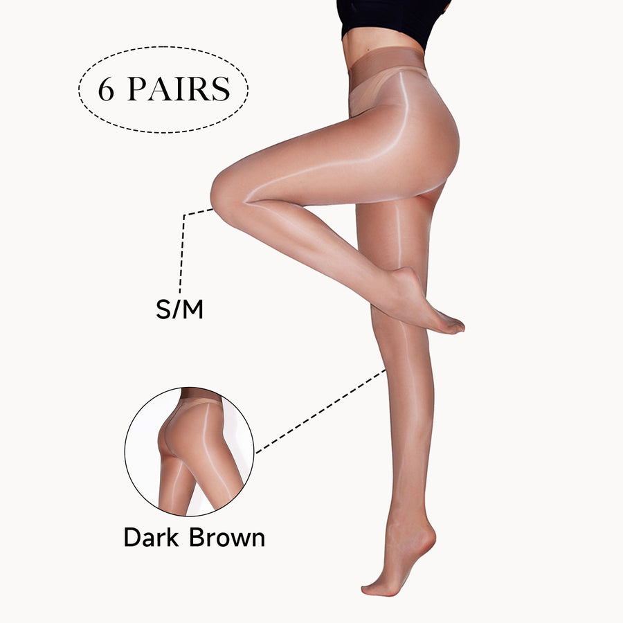 6-Pack Women's Glossy Sheer Tights - High Shine Oil Finish Pantyhose | Silky Smooth Nude & Coffee Tights | High Stretch, Run-Resistant, Comfortable Fit for Dates, Parties & Events (Sizes S-XL)