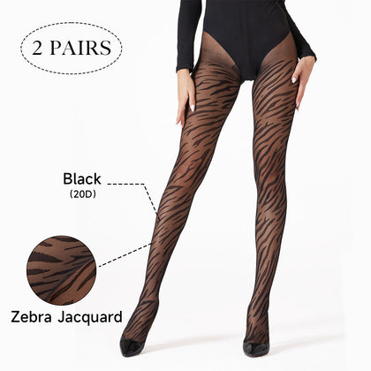 2-Pack Zebra Pattern Sheer Tights | 20D Black Jacquard Pantyhose | High Waist Slimming Stretch Stockings | One Size Aesthetic Leggings
