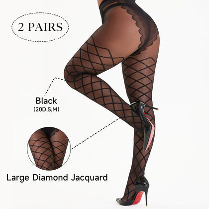 2-Pack Women’s 20D Sheer Diamond Pattern Tights – Large Fishnet Style, High Stretch Pantyhose, Black One Size for Work, Casual & Everyday Wear
