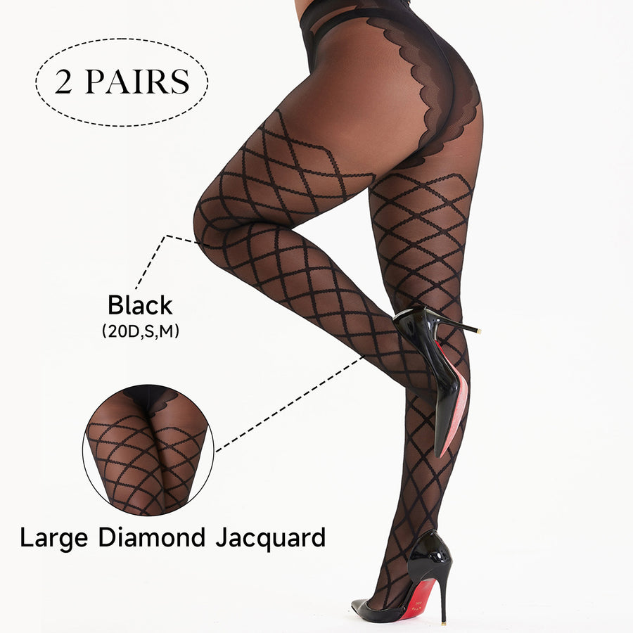 2-Pack Women’s 20D Sheer Diamond Pattern Tights – Large Fishnet Style, High Stretch Pantyhose, Black One Size for Work, Casual & Everyday Wear