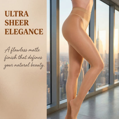 2 Pairs 20D Sheer Tights for Women | Run-Resistant Control Top Pantyhose | T-Crotch High Waist Black Nude Brown Stockings