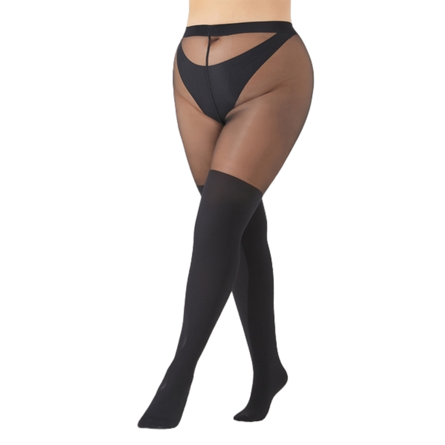 2PK Mock Knee High Sheer Tights, Vertical Striped Snatched Pantyhose, High Stretch Black Stockings for Office & School (XL-XXL)