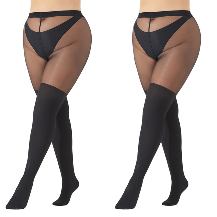 2PK Mock Knee High Sheer Tights, Vertical Striped Snatched Pantyhose, High Stretch Black Stockings for Office & School (XL-XXL)
