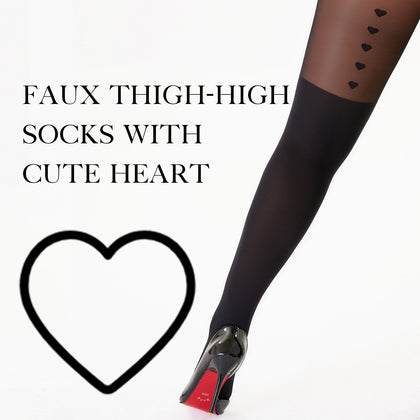 2-Pack Heart Patterned Mock Thigh High Tights | Aesthetic Sheer Black Pantyhose | Elegant Slimming Stockings for Date Night & Daily OOTD