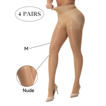 4 Pack Tummy Control Sheer Pantyhose for Women - High Waisted Slimming Shaping Tights - 40D Ultra Stretch Anti-Run Black Stockings - Daily Wear Hosiery