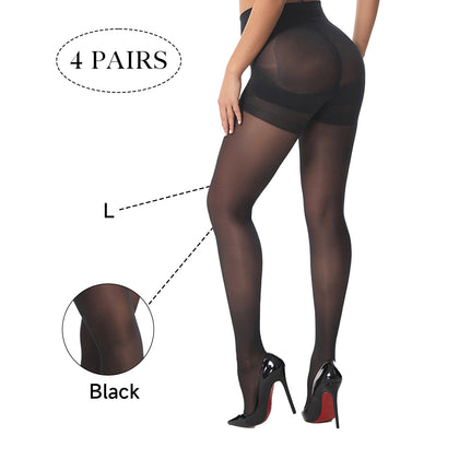 4 Pack Tummy Control Sheer Pantyhose for Women - High Waisted Slimming Shaping Tights - 40D Ultra Stretch Anti-Run Black Stockings - Daily Wear Hosiery