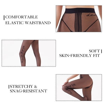2 Pack Side Letter Print Sheer Tights - Designer Style Black Jacquard Pantyhose | 20D Aesthetic Patterned Stockings | High Stretch Slimming Hosiery for Streetwear & Club