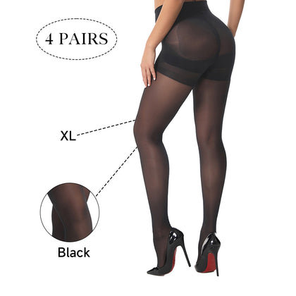 4 Pack Tummy Control Sheer Pantyhose for Women - High Waisted Slimming Shaping Tights - 40D Ultra Stretch Anti-Run Black Stockings - Daily Wear Hosiery