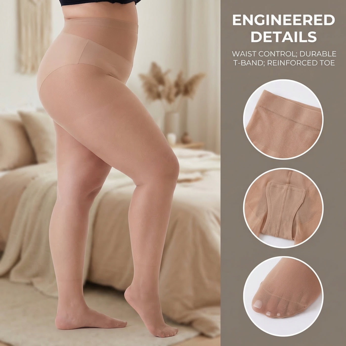 [XL-XXXXL] 4 Pairs Plus Size 20D Sheer Tights | Ultra Stretch Control Top Pantyhose | Black Nude Light Nude Stockings
