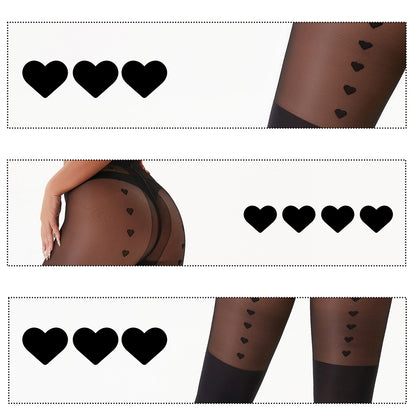 2-Pack Heart Patterned Mock Thigh High Tights | Aesthetic Sheer Black Pantyhose | Elegant Slimming Stockings for Date Night & Daily OOTD