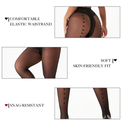 2-Pack Women's 20D Sheer Back Seam Heart Pattern Tights Elegant High Stretch Pantyhose Black One Size for Work Casual Everyday Wear - Womenswear, Fit
