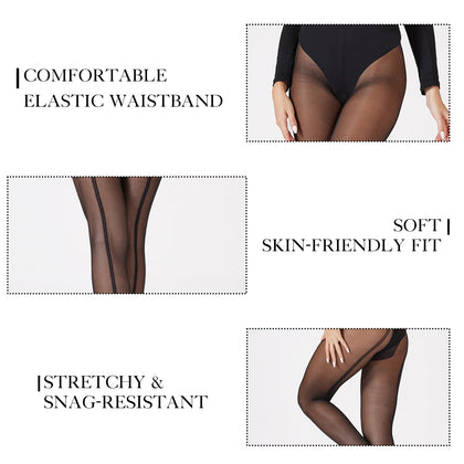 4-Pack Women’s Sheer Patterned Tights – Back Seam & Diamond Fishnet Design, Black One Size, High Stretch Pantyhose for Everyday Wear