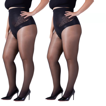 2-Pack 40D Semi-Sheer Bikini Tights | Durable Core-Spun Black Pantyhose | High Stretch Slimming Stockings - Plus Size XL/XXL Friendly