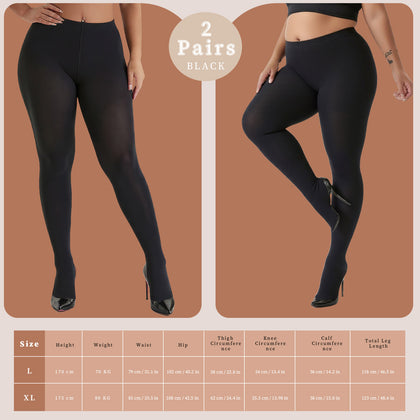 2-Pack Women’s 400D Brushed Fleece Tights – Thick & Cozy, Stretchy Footed Pantyhose for Winter, Work, Casual & Everyday Wear, Black L/XL