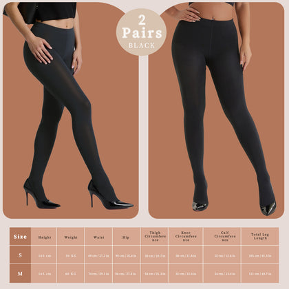 2-Pack Women’s 400D Brushed Fleece Tights – Thick & Cozy, Stretchy Footed Pantyhose for Winter, Work, Casual & Everyday Wear, Black L/XL
