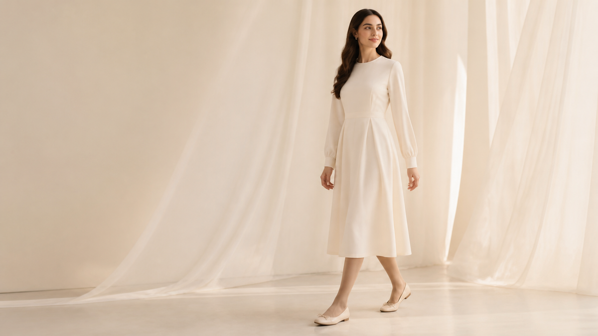 Woman wearing beige tights with an ivory dress in a soft cream studio
