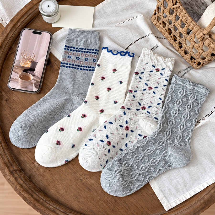 Vintage Floral Knit Crew Socks